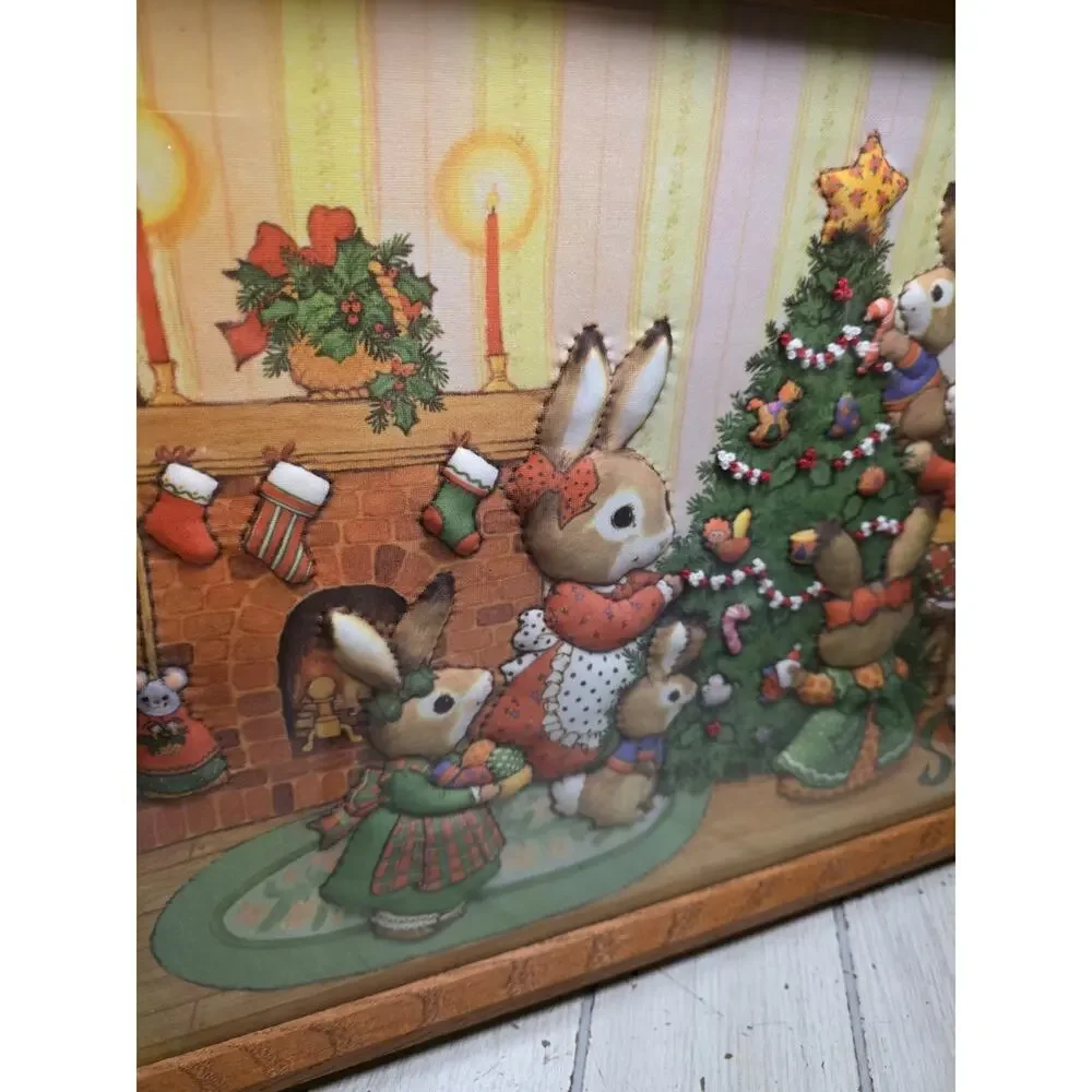 Vtg 80s Finished 3D Quilted Needle Craft Bunny Rabbit Family Christmas Framed